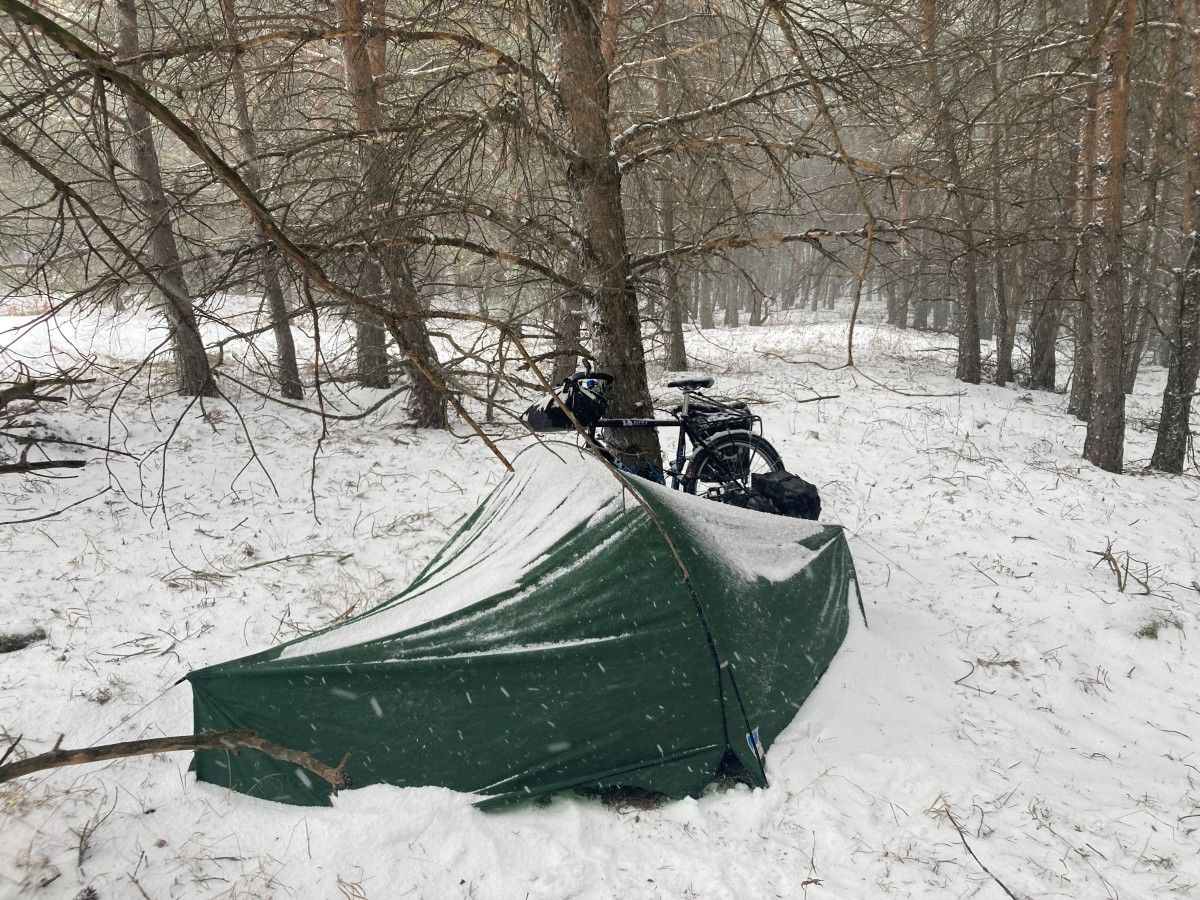 Waking up with snow on my tent in a Georgian forest